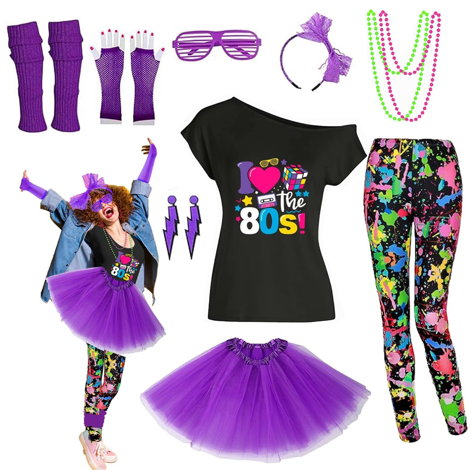 6327 80s Outfit Costume Accessoriess Set T Shirt Leggings Tutu